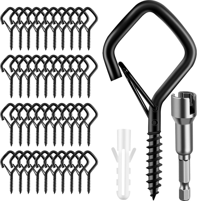 VAZOCA 42 Pcs Screw Hooks for Outdoor String Lights, Q-Hanger Hook with Safety Buckle, Patio Wall Ceilling Square Eye Cup Hook for Hanging Plant Pots Christmas Decor Wire Fairy Led, Wind Nut Driver, Black - Image 1